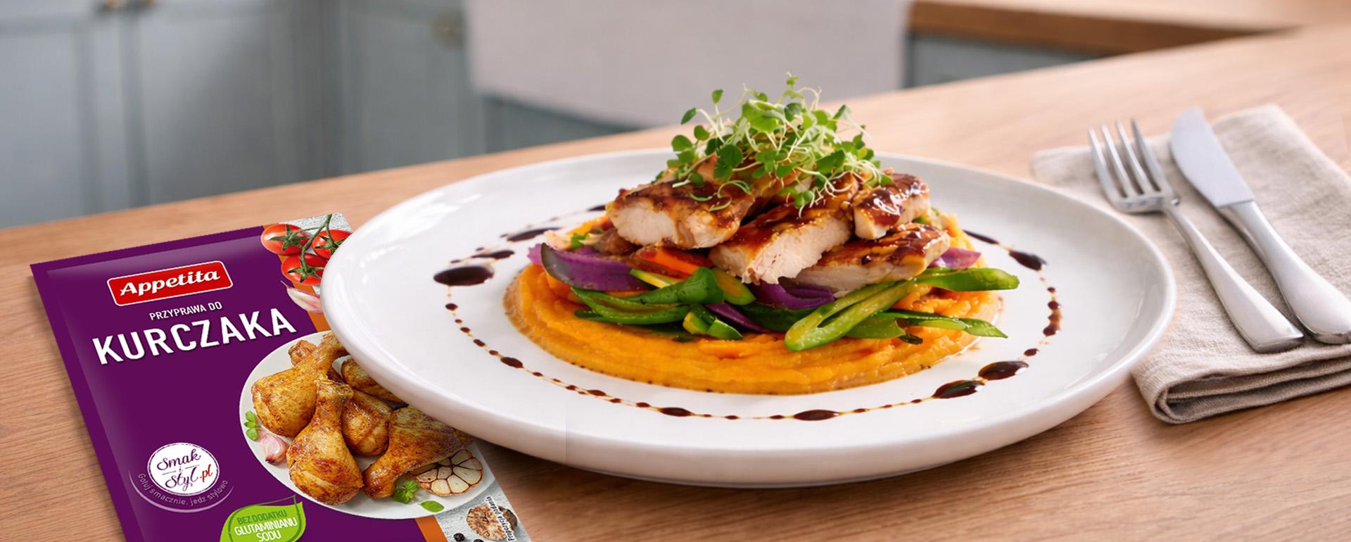 Indyk z warzywami i puree z marchewki