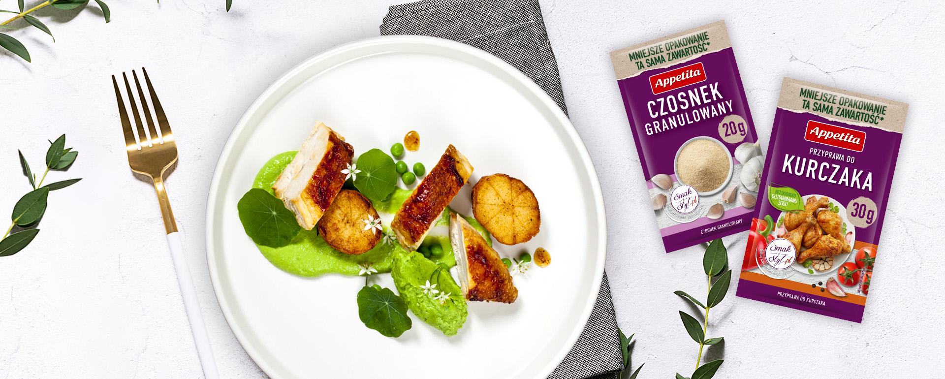 Pieczony kurczak z czosnkiem i puree z groszku z miętą